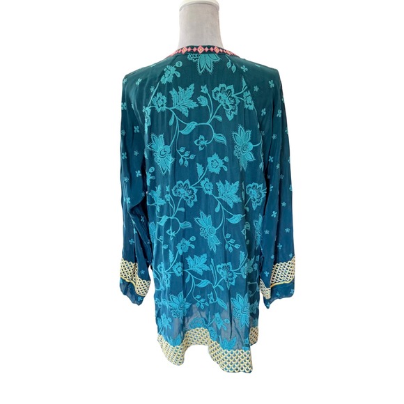 Johnny Was Tunic Women Large Teal Floral Embroidered Cupra Rayon Boho Split Neck - Picture 6 of 13